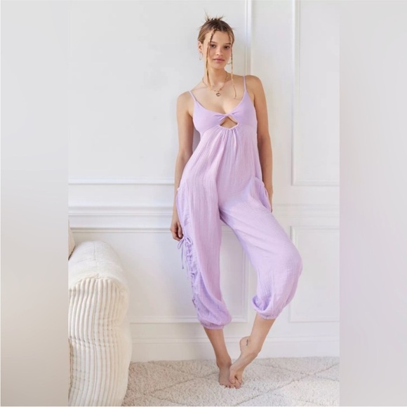 Out from Under Lavender Romper Jumpsuit w Oversized Bottoms and Cinching Ties UO - Picture 14 of 15